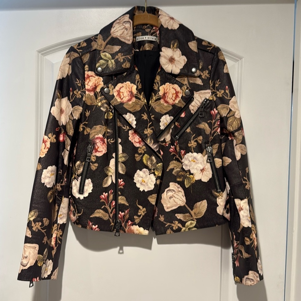 Alice + Olivia Black Floral Leather Jacket